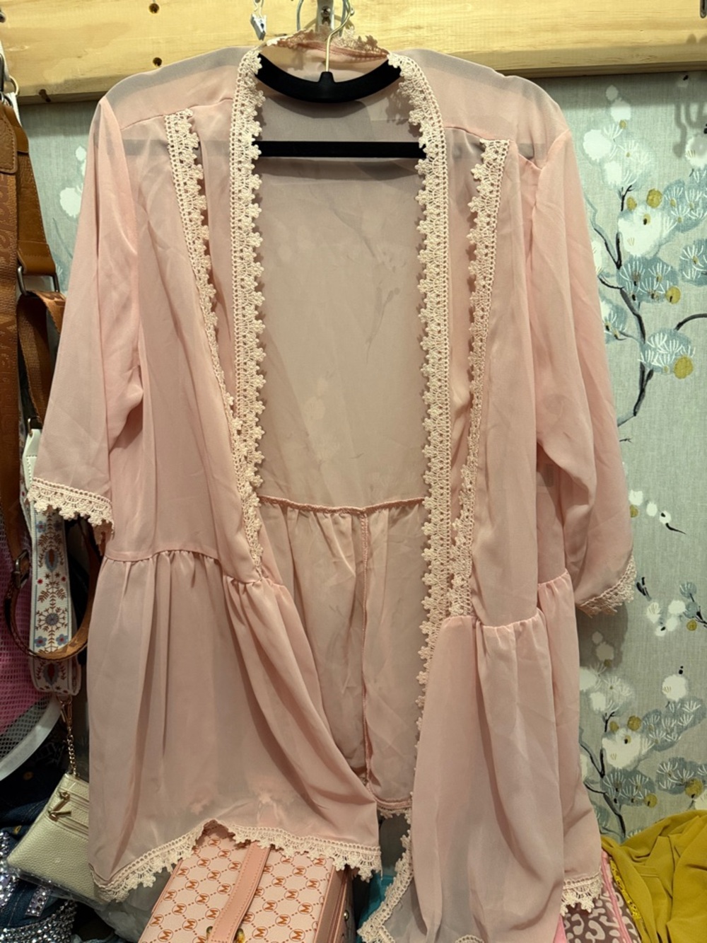 SHEIN Pale Pink Lace-Trim Sheer Kimono Robe